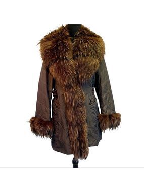 EVOLUZIONE by Rosa Mori brown winter puffer coat with Racoon trim collar/cuffs M